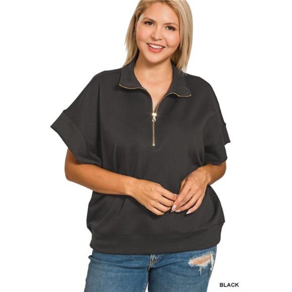 Zenana Full Size Scuba High Neck Half Zip Short Sleeve Top Plus Size